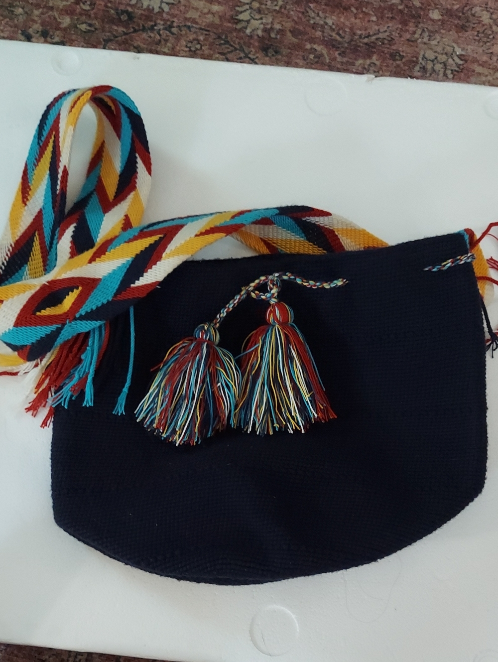 Beautiful Handwoven Navy Crossbody Bag with Multicolor Chevron Strap and Tassels